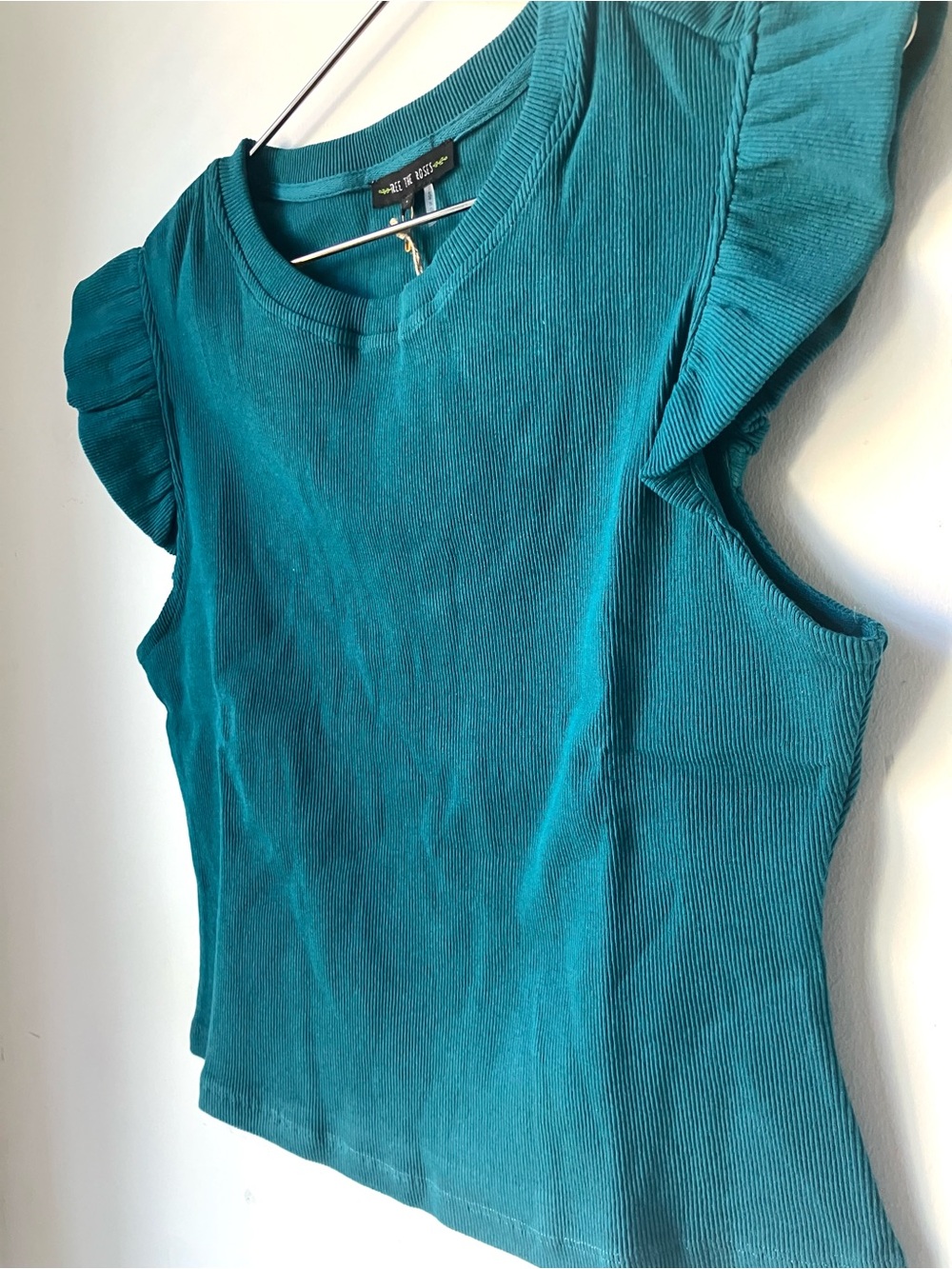 Free the Roses Teal Ribbed Ruffle Sleeve Tank - Picture 5 of 7